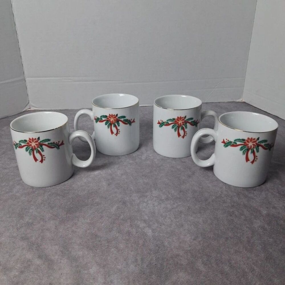 Vintage Poinsettia & Ribbons" Fine China Christmas mug set 4 piece